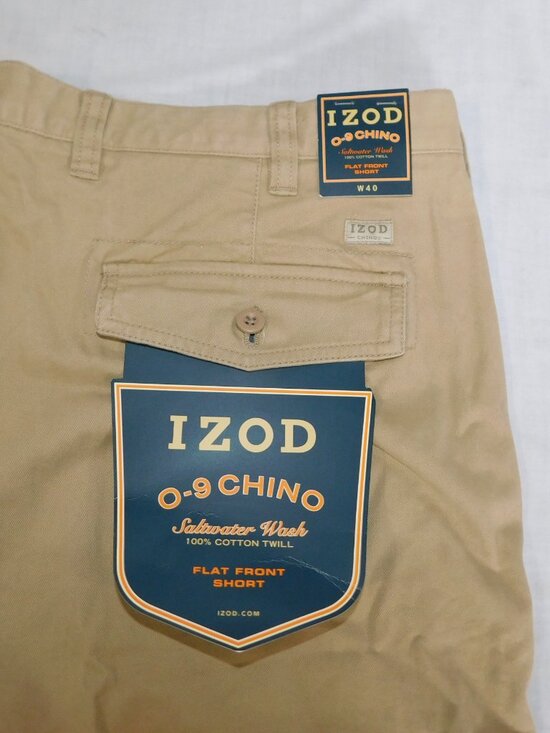 IZOD Mens 40 Chino Saltwater Wash 100% Cotton Twill Flat Front Tan Shorts NEW - Picture 5 of 9